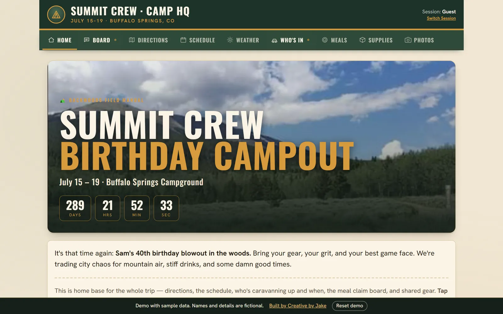 Campout HQ on a desktop: countdown hero with dates and campground, and tabs for board, directions, schedule, weather, arrivals, meals, supplies and photos