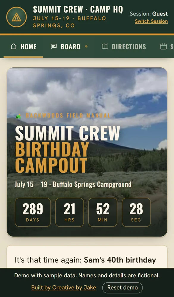 Campout dashboard on a phone: countdown, dates and campground for a birthday camping trip
