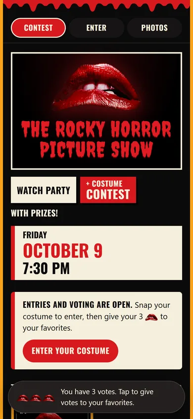 Rocky Horror costume contest app on a phone: event title, entry button and vote counter
