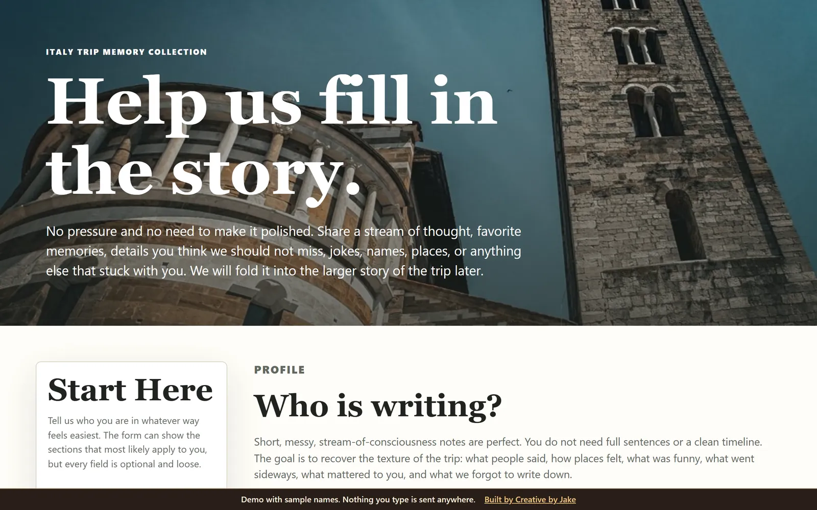 Wedding story intake on a desktop: heading over a photo of a Lucca church and bell tower, with a Start Here panel and profile section
