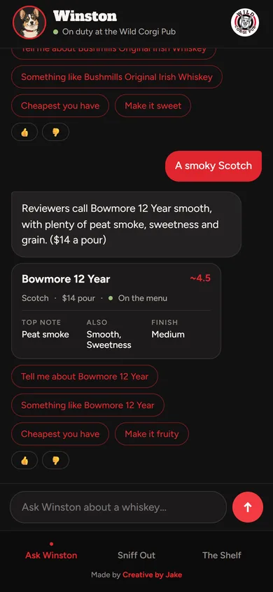 Winston whiskey assistant on a phone recommending Bowmore 12 Year for a smoky Scotch
